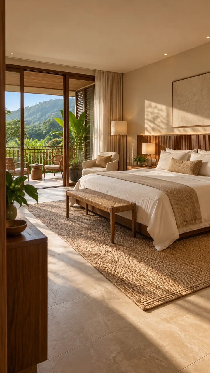 Suíte acolhedora, com cama, luz natural e varanda voltada para a natureza